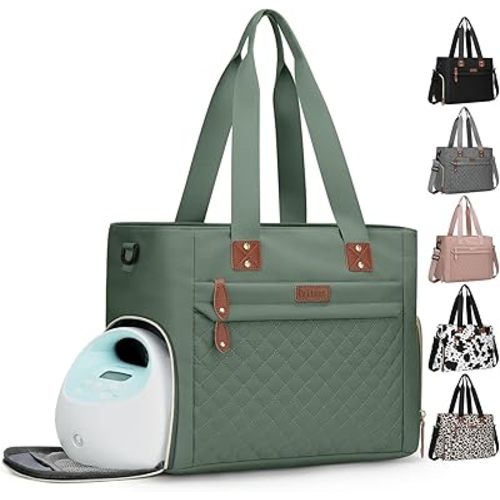 Diaper Bag Tote for Working Mom, Large Travel Diaper Tote for Mom and Dad with 14 Inch Laptop Sleeve, Mommy Maternity Travel Baby Bag for Boys and Girls, Green