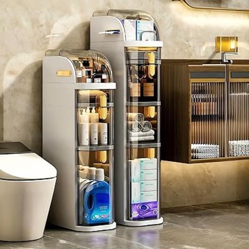3-Tiers Narrow Bathroom Floor Storage Cabinet 7.1″ Plastic Drawers Organizer with Tissue Box and Wheels Slim Waterproof Bathroom Cabinet for Small Kitchen Laundry Living Room Toilet Gap