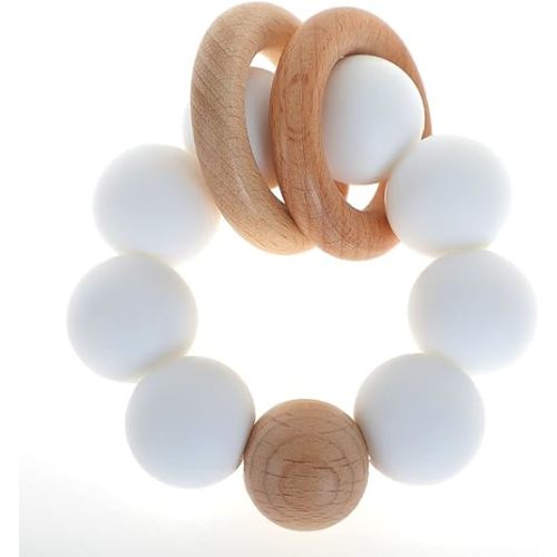 Baby Teether, Food Grade BPA-Free Silicone & Beech Wood - White