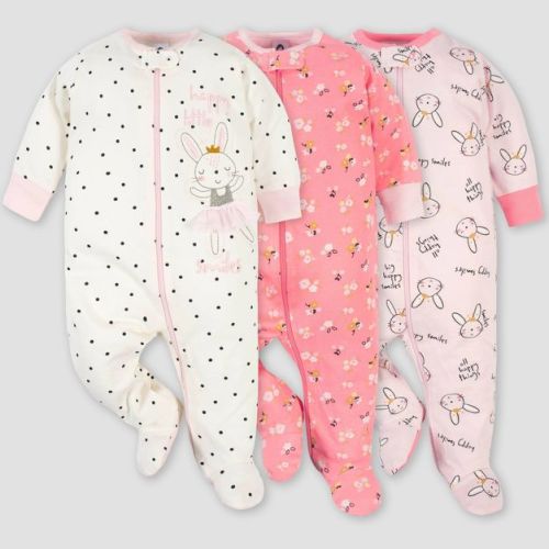 Gerber Baby Girls' 3pk Ballerina Zip-Front Sleep N' Play - Pink/Cream 0-3M