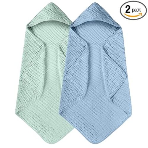 Yoofoss Hooded Baby Towels for Newborn 2 Pack 100% Muslin Organic Cotton Baby Bath Towel with Hood for Babies, Infant, Toddler and Kids, 32x32Inch, Soft and Absorbent Newborn Essential,Blue&Green