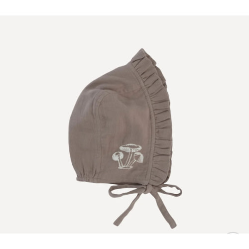 embroidered small ruffle bonnet | dark truffle | organic cotton gauze