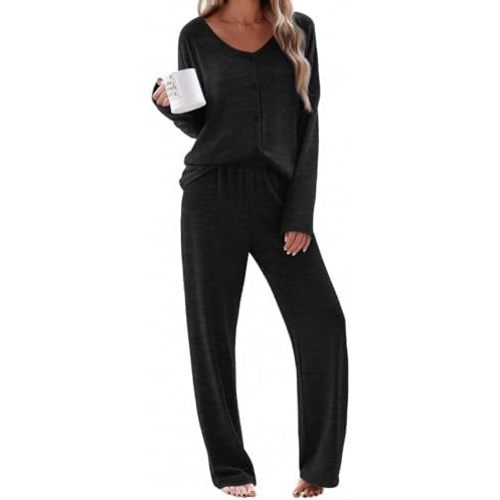 Ekouaer Womens Pajama Sets Button Up Long Sleeve Pjs Soft Lounge Set 2 Piece Sleepwear with Pockets