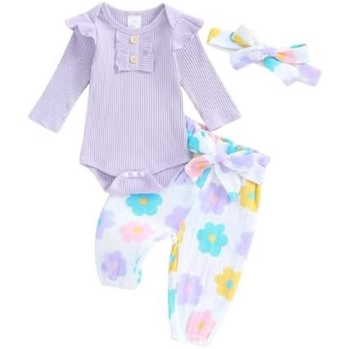 BemeyourBBs Newborn Baby Girl Clothes Ruffle Romper Bodysuit Top Floral Bow Pants Set with Headband Infant Fall Winter Outfit