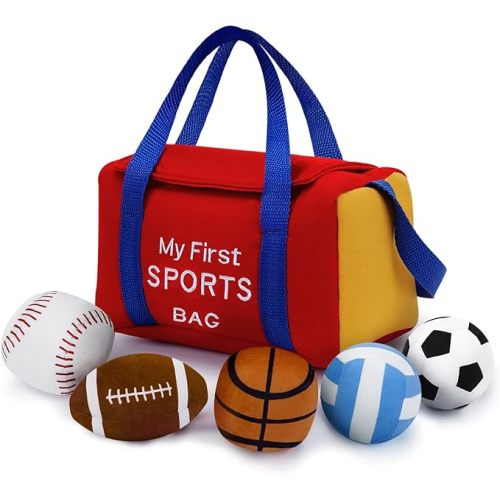 My First Sports Bag Plush, Baby Sports Toys Plushie with 5 Pcs Ball Plushy for Toddlers, First Birthday Gifts for Boys Girls