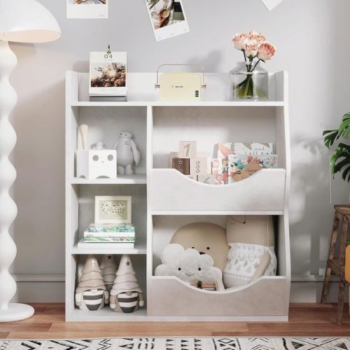 Acekool Kids Bookshelf and Toy Storage Organizer, 3-Tier Bookcase with 5 Cubes, Double-Sided Display & Top Shelf for Playroom, Bedroom, White