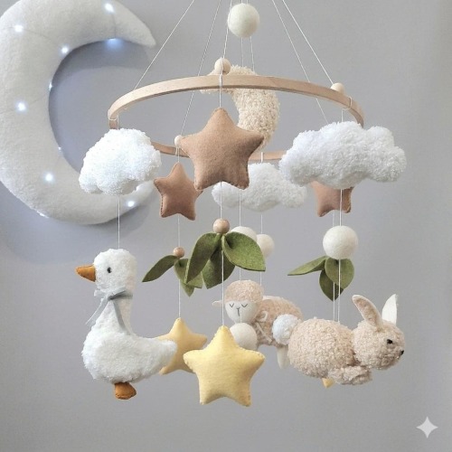 Felt mobile, boucle mobile, forest mobile, sheep, goose, hare, mobile in the crib, gift to the child, pendant in the crib, sheep mobile
