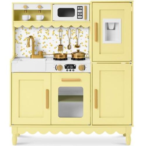 Best Choice Products Wooden Cottage Kids Pretend Play Kitchen with 11 Accessories, Espresso Machine - Butter