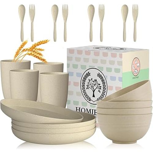 Homienly Wheat Straw Dinnerware Sets, 20pcs Lightweight Unbreakable Dinnerware, Microwave Dishwasher Safe Bowls Cups Forks Spoons set,Perfect for Camping Outdoor, Beige