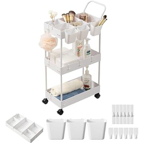 danpinera Slim Storage Cart, 3 Tier Slim Laundry Cart with Wheels Bathroom Cart Organizer with Hanging Cups Hooks Dividers Handle Mobile Rolling Art Cart for Bathroom Kitchen Narrow Places, White