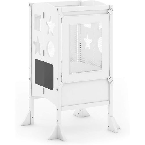 Guidecraft Classic Kitchen Helper® Stool - White with Keepers and Non-Slip Mat: Foldable, Adjustable Height Safety Cooking Tower for Toddlers with Chalkboard | Kids Learning Platform