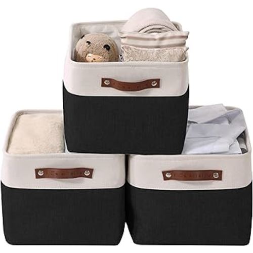DECOMOMO Storage Bins | Fabric Storage Basket for Shelves for Organizing Closet Shelf Nursery Toy | Decorative Large Linen Closet Organizer Bins with Handles (Black & White, Large - 3 Pack)