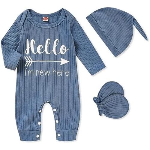 GRNSHTS Newborn Baby Boy Romper Coming Home Outfits Letter Print Bodysuit Jumpsuit+Hat+Gloves 3PCS Clothes Set