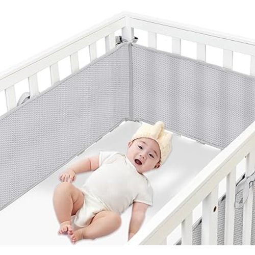 4 Sides Upgraded Ventilate Mesh Liner Bumpers for Full Size,Gray Crib Mesh Liner Covers-Long Pieces (111in x 11in), Short Pieces(82in x11in)
