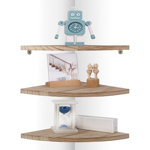 Joiishom Corner Wall Shelf Set of 3, Floating Corner Shelves, Rustic Wood Wall Storage Display Shelves for Living Room Bedroom Bathroom Kitchen (Round Edge-Carbonized)