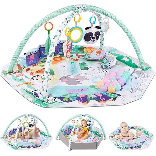 5-in-1 Baby Play Gym Mat, Tummy Time Activity Mat, with 8 Detachable Toys for Newborn Stage-Based Sensory and Motor Skill Development, Baby Play Mats for Floor, Ball Pit, Pet Cushion, Washable