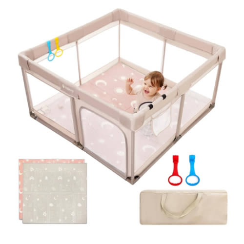 Baby Playpen with Mat, 50x50 in Small Play Pen for Babies, Toddler Playpen for Apartment, Indoors Play Yard with Soft Breathable Mesh (Beige with Mat)