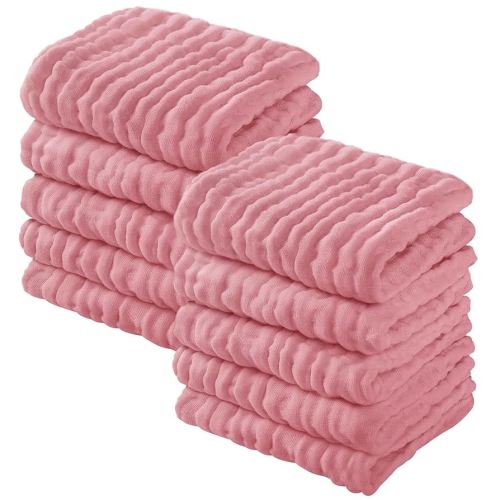 Yoofoss Muslin Baby Washcloths 100% Organic Cotton Face Towels 10 Pack Wash Cloths for Baby 12x12in Soft and Absorbent Baby Wipes (Bean Paste)