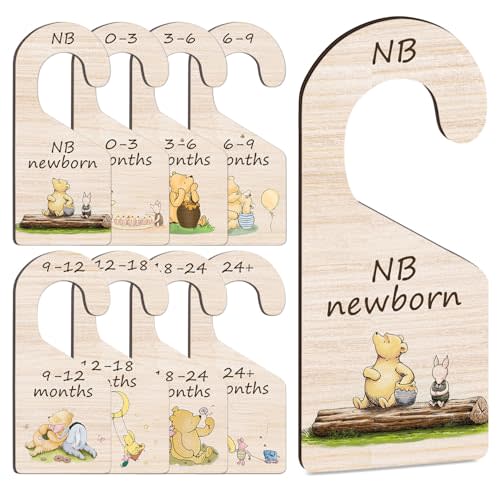 Hatzelou 8Pcs Winnie Baby Closet Dividers, Baby Wardrobe Baby Closet Organizer, Classic Pooh Wooden Baby Clothes Organizer, Double-Sided Baby Closet Dividers, Newborn Baby Stuff
