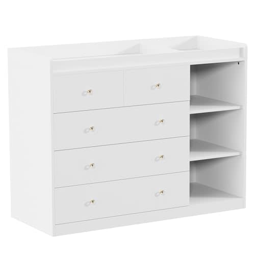 QUNTTINA Nursery Dresser Changing Table Dresser with Changing Top Diaper Changing Station with 5 Drawers and 3 Shelves for Children's Room，White