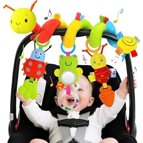 Spiral Car Seat Toys for Infants, 0-6 Months Carseat & Stroller Pram Separable Activity Hanging Toys with Rattle, Teethers, Newborn Soft Plush Travel Toy for Boys Girls Essentials Gifts