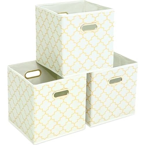 Fabric storage bins Cubes, Fabric Cube Organizer with Handle, Foldable Cube Bins for Cloth or Accessary Storage, 11x11x11, Set of 3, (Creamy-White Gold)