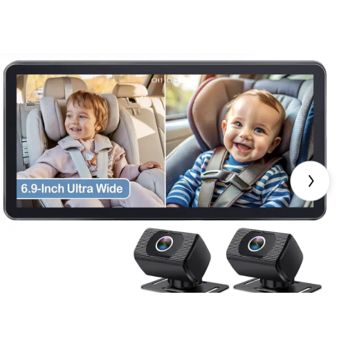 PRIMEPLUS - 2-Kids Baby Car Camera - Dual 1080P HD Monitor with 6.9" Ultrawide Display, USB Powered, 940nm No-Light Night Vision