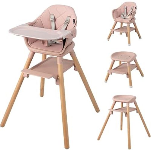 BABY JOY Baby High Chair, 6 in 1 Convertible Wooden High Chair for Babies & Toddlers with Adjustable Legs, Double Removable Tray, Safety Harness & Waterproof PU Cushion (Pink)