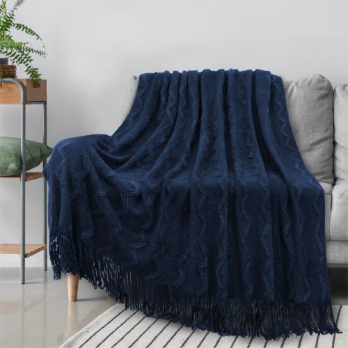 Pavilia Knit Textured Soft Throw Blanket For Sofa, Living Room Decor, And Bed, Navy Blue/throw - 50x60