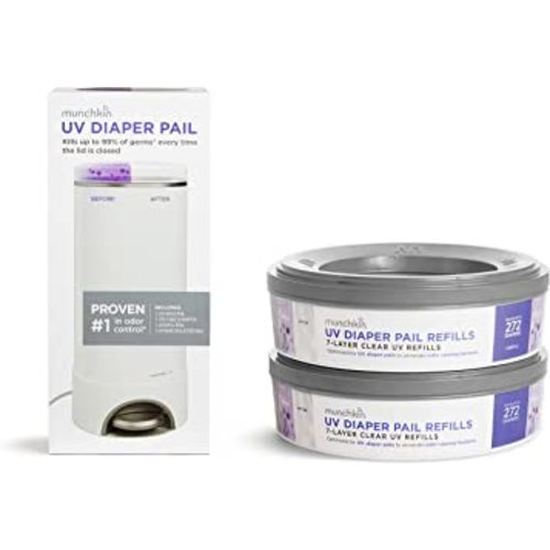 Munchkin® UV Diaper Pail, Kills Odor-Causing Bacteria with Each Use with 2 Additional UV Refill Rings
