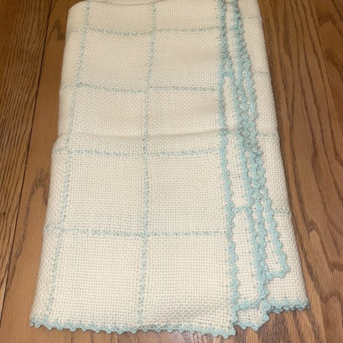 vintage  Waffle Weaved Baby blanket, Blue/beige, 38x31, Handmade? Embroidered