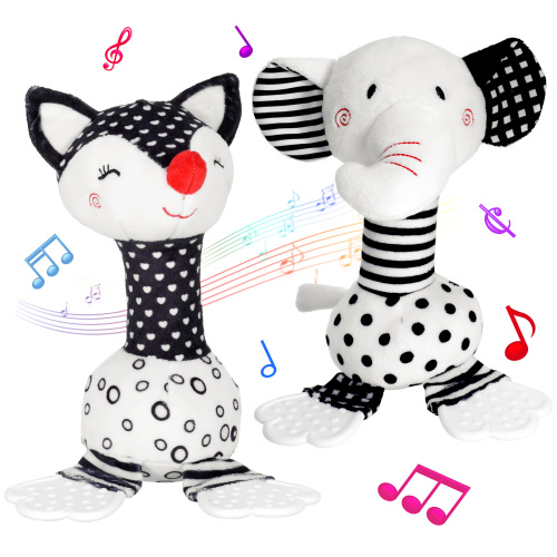 sixwipe 2 Pcs Baby Sensory Rattle Toys 0-6 Months, High Contrast Black and White Soft Plush Rattle Shaker with Teether, Newborn First Rattle Animal Early Educational Toy for Infant Boys Girls