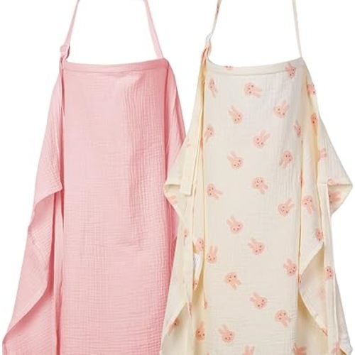 2-Pack Nursing Covers for Breastfeeding - Lightweight, Breathable Baby Breastfeeding Covers with Arch Neckline & Adjustable Straps, Pink & Bunny Design, Privacy Nursing Cover for Women
