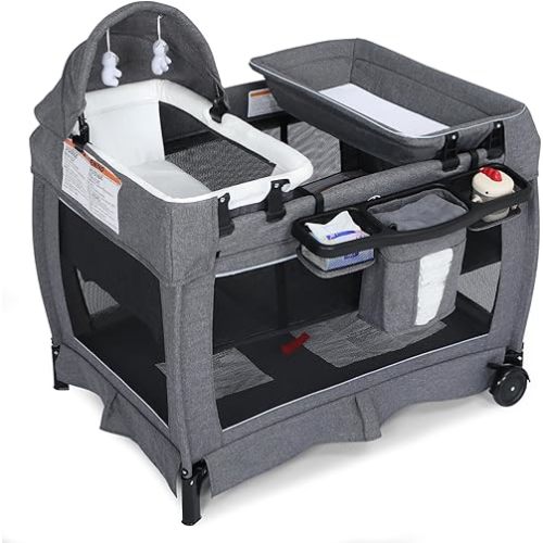 TODEFULL 4 in 1 Multifunctional Pack and Play, Foldable Baby Playards with Changing Table & Breathable Mesh, Baby Playpen for Babies and Toddlers, Grey