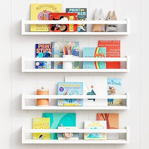 Forbena 24 Inch Wall Bookshelf for Kids Bedroom Set of 4, White Floating Nursery Book Shelves for Baby Toddler Children Girls Boys Room Decor, Large Wood Wall Mount Bookshelves and Toy Storage