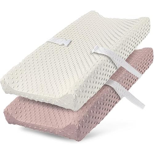 2 Pack Changing Pad Cover for Baby Boys Girls, Ultra Soft Breathable Plush Dot Diaper Changing Table Pad Cover, Neutral Fitted Changing Pad Sheets (Pristine and Sepia Rose)