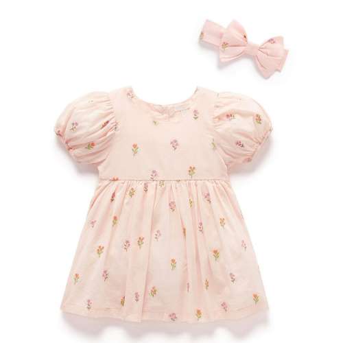 Purebaby Baby Girls Organic Cotton Balloon Short Sleeve Embroidered Dress/Bodysuit With Headband