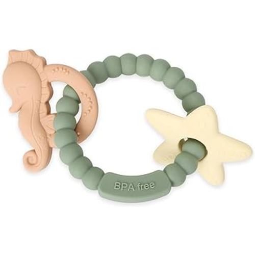 Socub Silicone Baby Teething Toy, 100% Food Grade Silicone Teether Ring for 3-6 12 18 Months Babies Boys & Girls(Sage Ring)