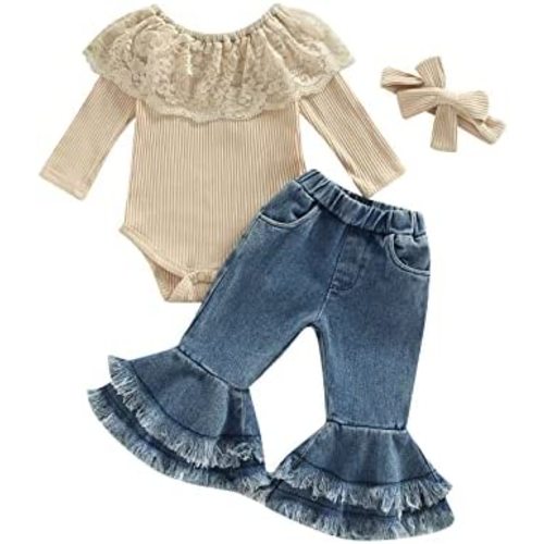 fhutpw Newborn Baby Girl Clothes Infant Rib Frill Long Sleeve Romper Flared Pants Headband Set 3pcs Fall Winter Outfits 9-12M