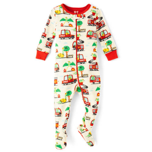 Baby And Toddler Boys Fire Truck Snug Fit Cotton Footed One Piece Pajamas - White