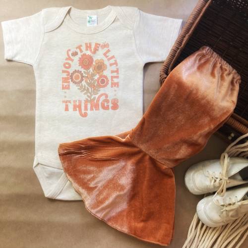 Spring ~ Enjoy the Little Things set ~ Handmade Hippie Baby Onesie ~ 70’s Retro Bummy & Bell Bottoms ~ Boho Babe
