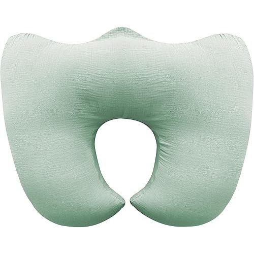 Muslin Nursing Pillow for Breastfeeding, 100% Cotton Cover Original Plus Size Breastfeeding Pillows for More Support for Mom and Baby, Removable Muslin Cover, Green