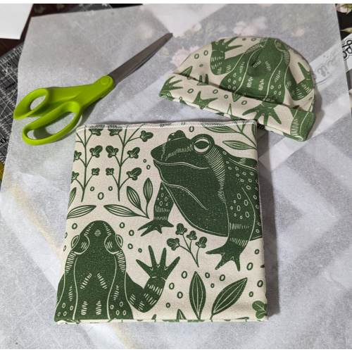 Olive Green Swaddle Set, Botanicals & Frogs on Cream with Headband or Cuffed Hat in Earth Tones on Soft Stretchy Knit Frog Baby Bodysuit