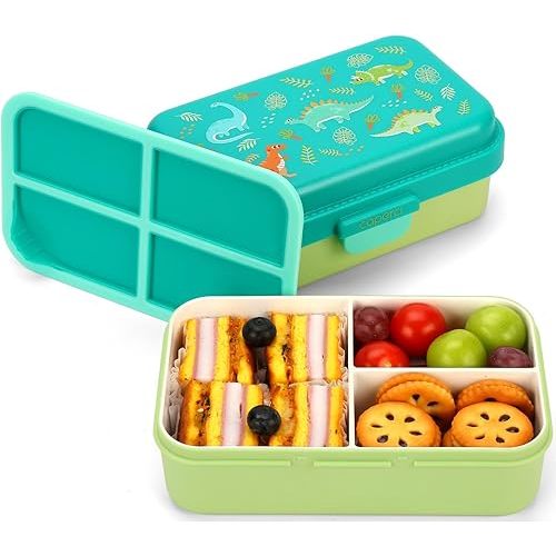 Caperci Small Bento Snack Box for Kids - 2.5 Cup Leak-Proof Snack Containers with 3-Compartment & Innovative Easy-Open Latch, Utensils Store Area, BPA-Free, Ideal for Ages 3+ (Dinosaur/Green)