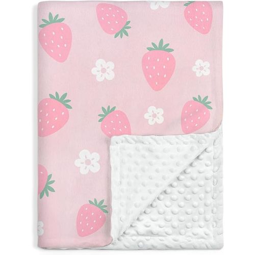 Strawberry Minky Baby Blanket 30 x 40 Inches for Girls, Soft Plush Receiving Blanket with Dotted Back, Gift for Toddler Newborn Infant Christmas Birthday Baby Shower