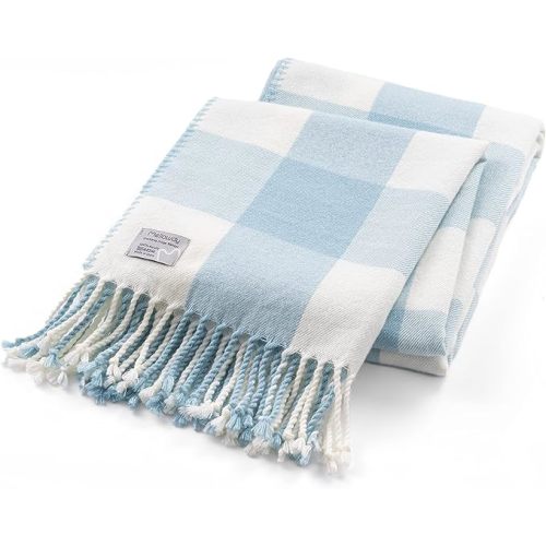 Mellowdy Classic Checkered Blanket - Faux Cashmere Plaid Throw with Fringe - Soft Woven, Lightweight, Farmhouse, Vintage Inspired Décor for Couch, Chair, Office (Winter Blue, 50x60)