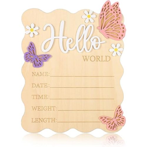 Baby Announcement Sign, Rectangle Wooden Hello World Baby Sign with Flower and Butterfly Patterns Cute Delicate Newborn Plaque for Newborn Boys Girls Photo Props Nursery Home Decor