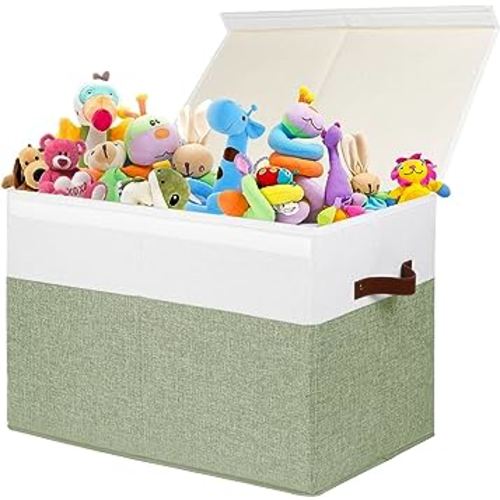 Large Toy Storage Box with Lid, Sturdy Toys Storage Chest Bin Organizer Basket with Dividers for Kids, Boys, Girls, Nursery, Closet, Bedroom, Playroom 25"x13" x16" (Green and White)