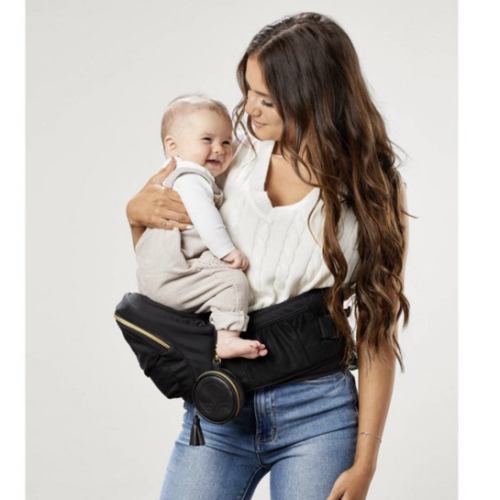 Tushbaby - Safety-Certified Hip Seat Baby Carrier - Mom’s Choice Award Winner, Seen on Shark Tank, Ergonomic Carrier & Extenders for Newborns & Toddlers (Carrier, Black/Gold)