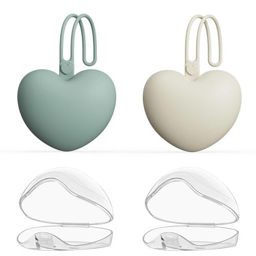 4pcs Pacifier Holder Case Set, 2pcs Silicone Portable Pacifier Pouch and 2pcs Transparent Pacifier Storage Container, Cute Heart Shape Pacifier Storage Case for Newborn Baby（Green+Khaki）